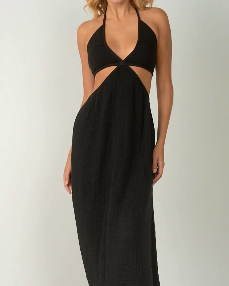 Front of a model wearing a size L Goddess Maxi Cut Out Halter Dress In Black in Black by ELAN. | dia_product_style_image_id:354078